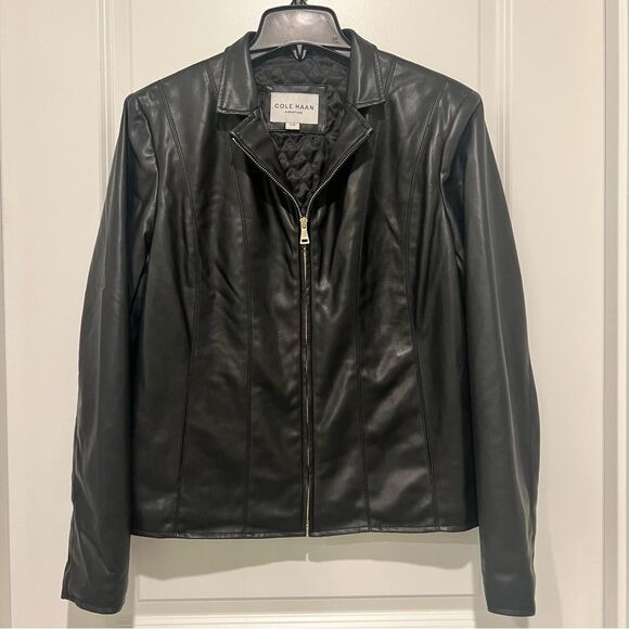 Cole Haan Signature Women’s Faux Vegan Leather Jacket Quilted Lining Size Large - Picture 1 of 13